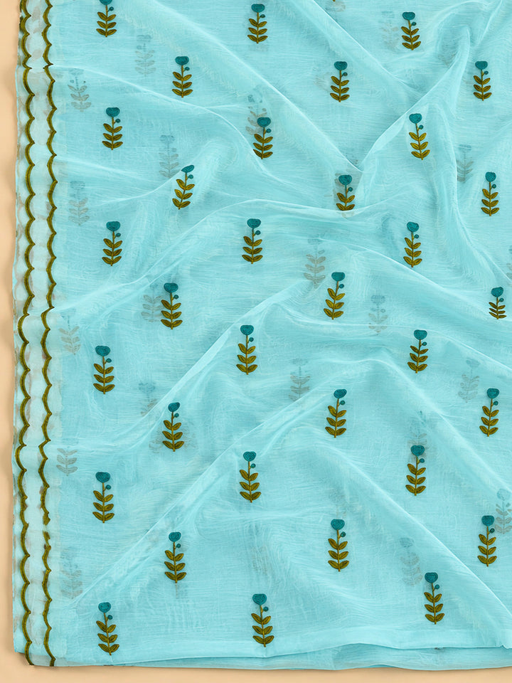 Sky Blue Chanderi Embroidered Unstitched Dress Material