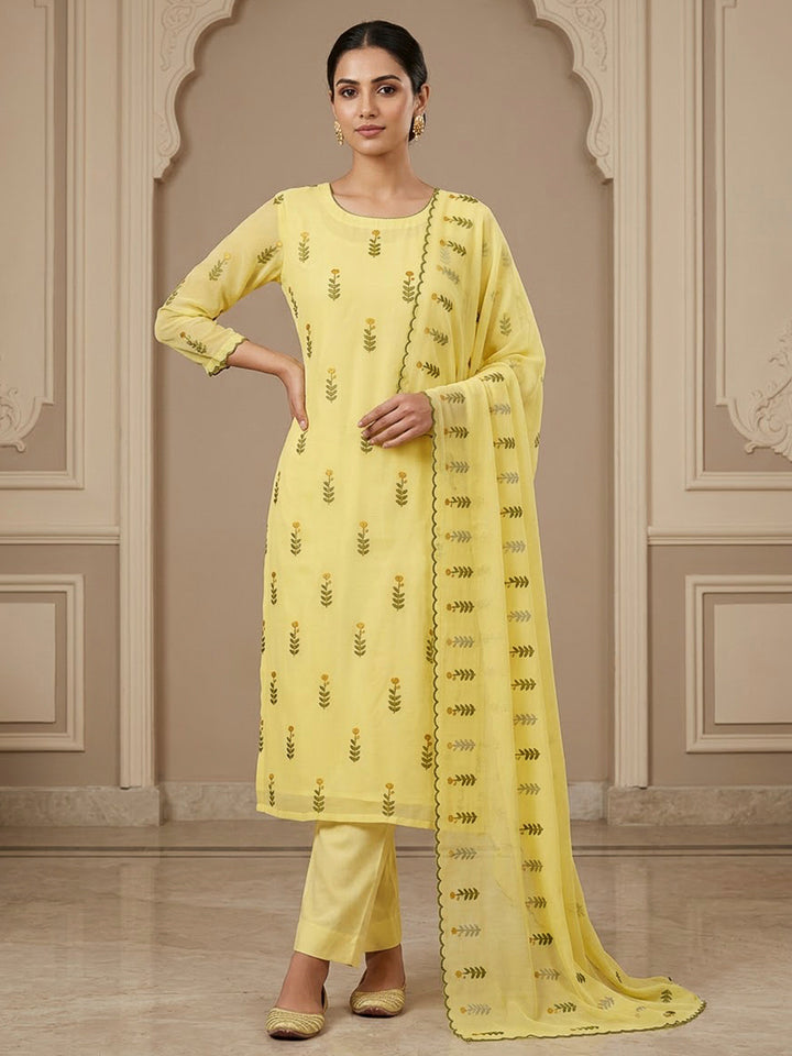 Yellow Chanderi Embroidered Unstitched Dress Material