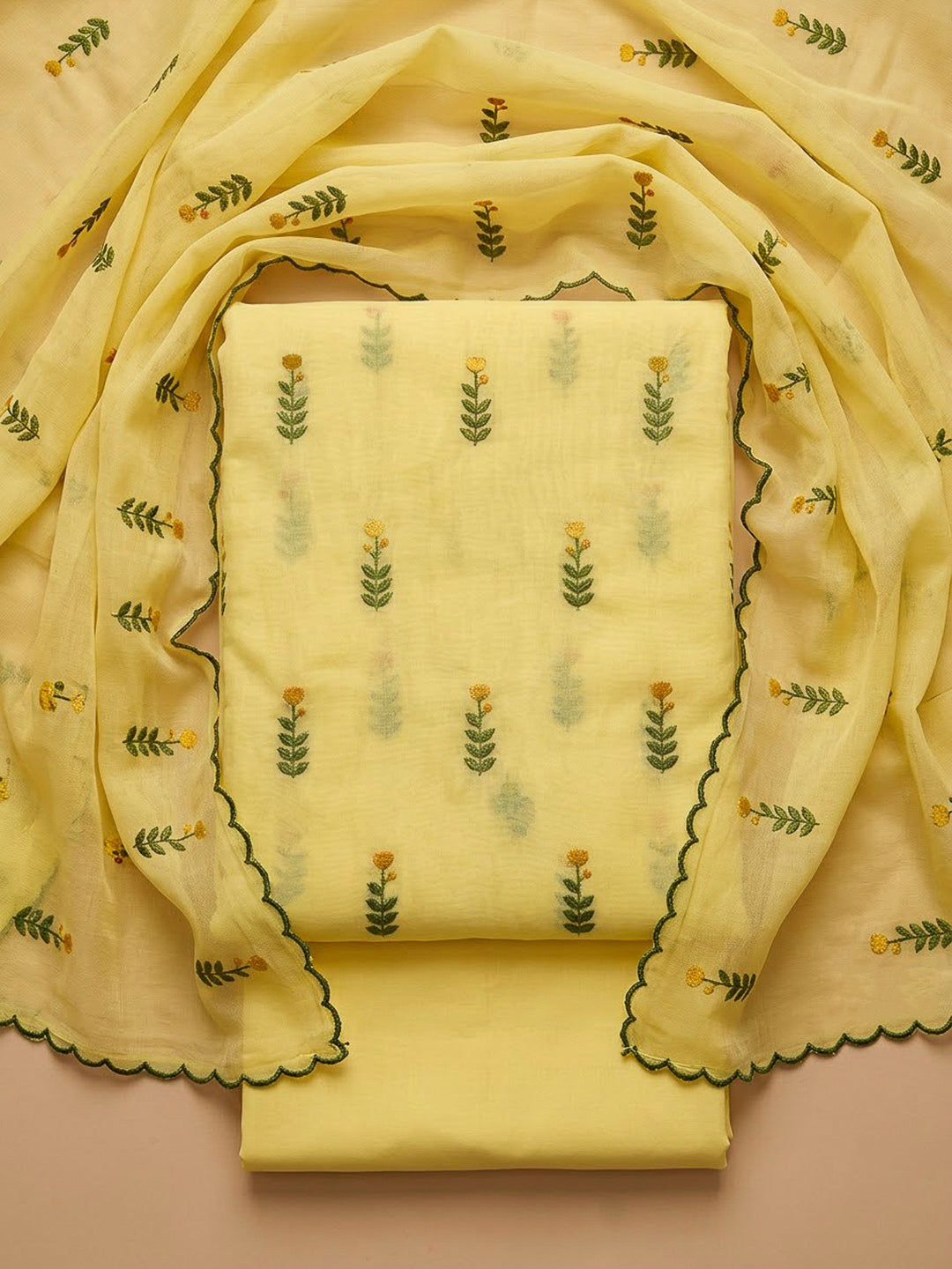 Yellow Chanderi Embroidered Unstitched Dress Material