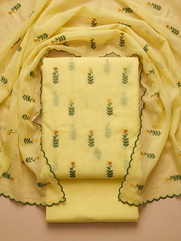 Yellow Chanderi Embroidered Unstitched Dress Material