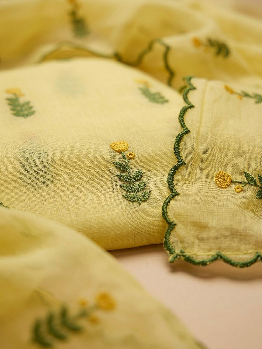 Yellow Chanderi Embroidered Unstitched Dress Material