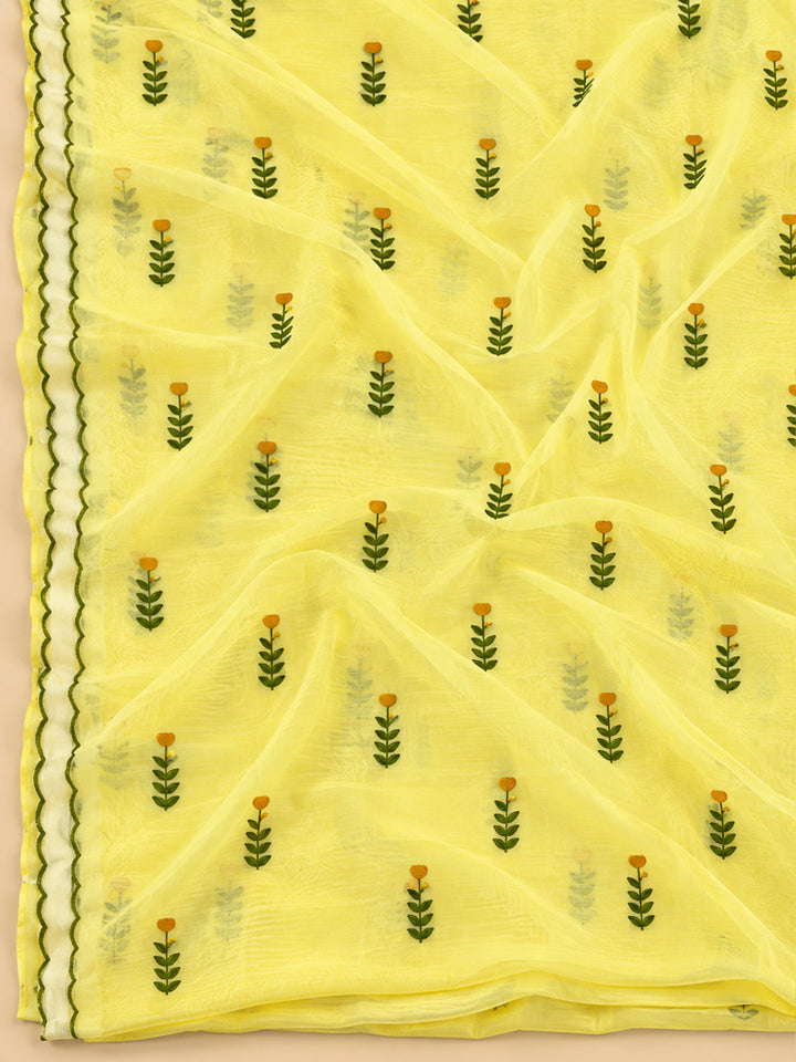 Yellow Chanderi Embroidered Unstitched Dress Material