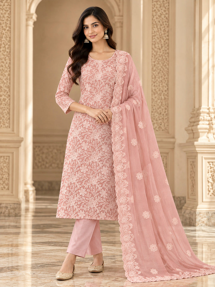 Peach Chanderi Woven Design Unstitched Dress Material