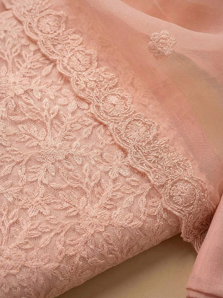 Peach Chanderi Woven Design Unstitched Dress Material