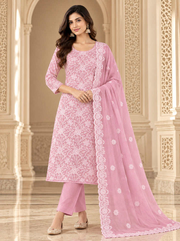 Pink Chanderi Woven Design Unstitched Dress Material