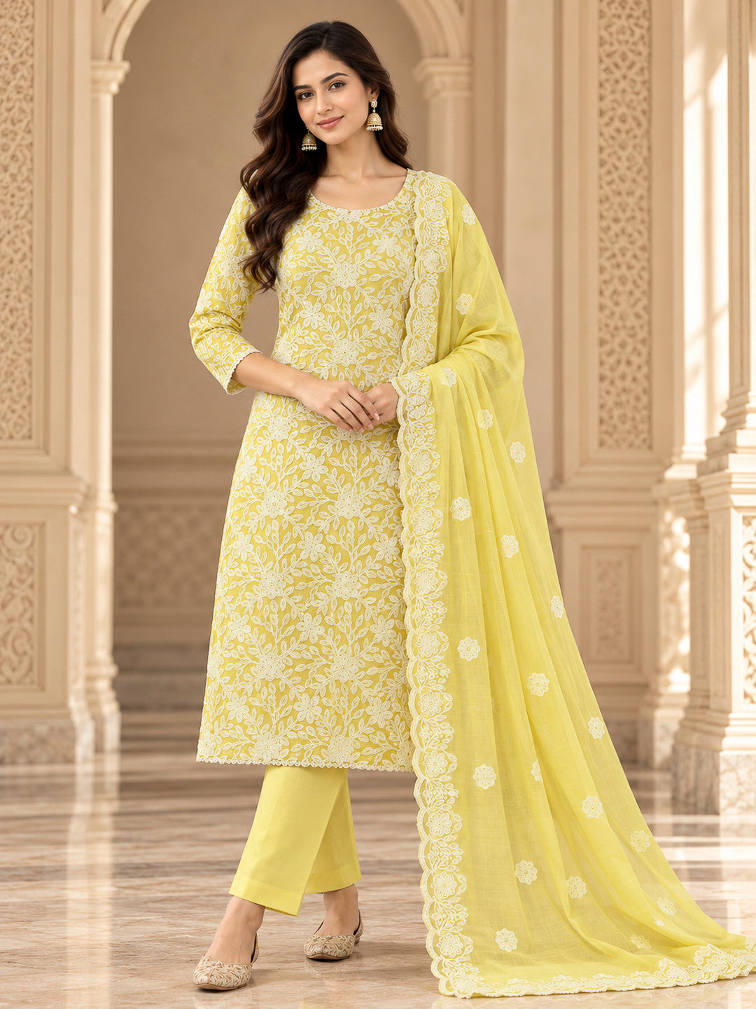 Yellow Chanderi Woven Design Unstitched Dress Material