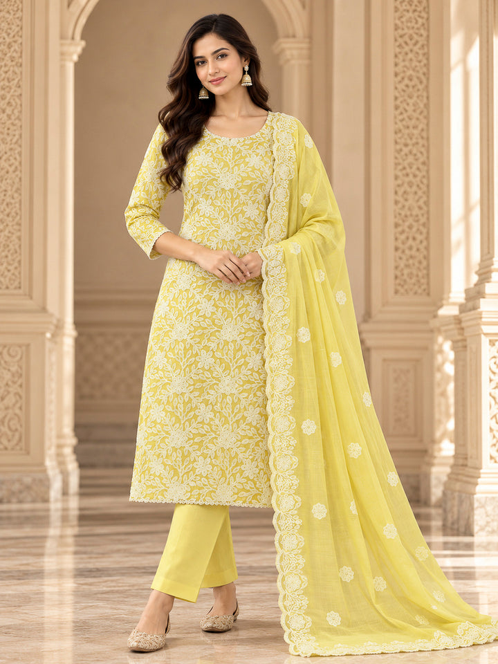 Yellow Chanderi Woven Design Unstitched Dress Material