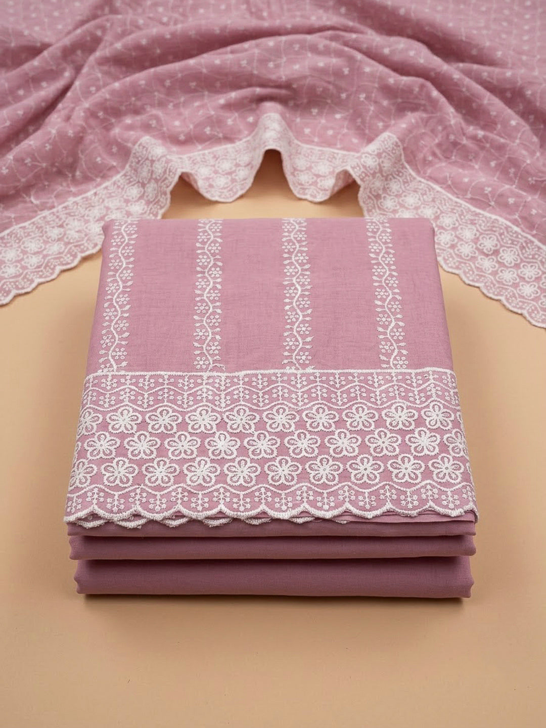 Onion Pink Chanderi Embroidered Unstitched Dress Material