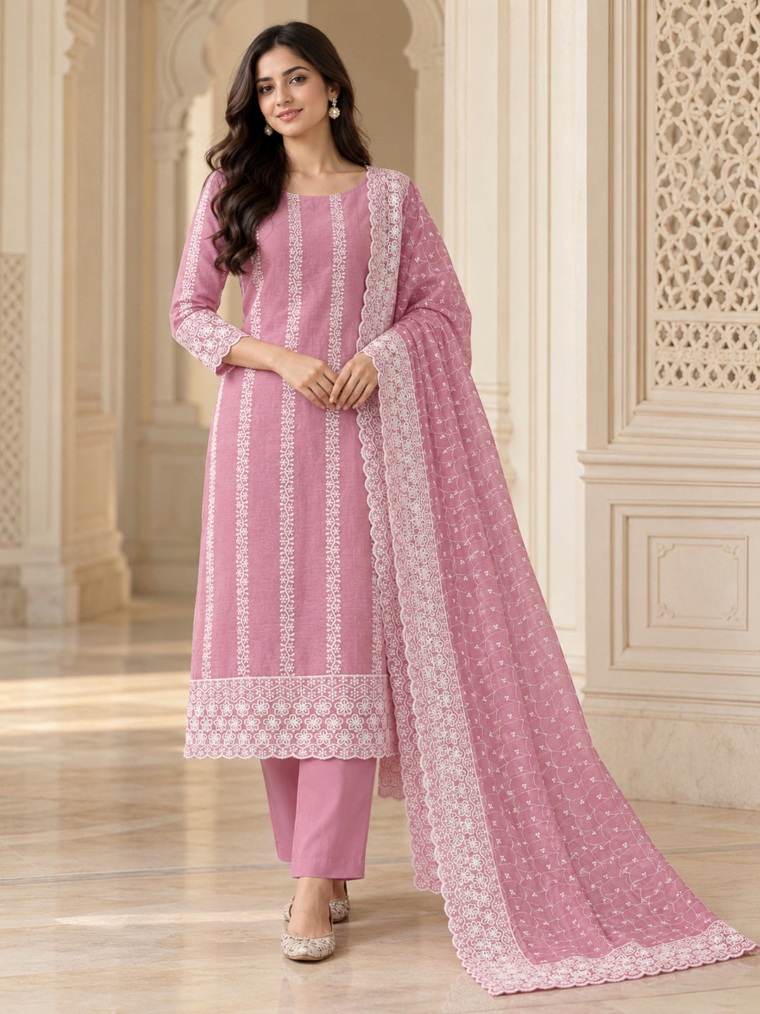 Onion Pink Chanderi Embroidered Unstitched Dress Material