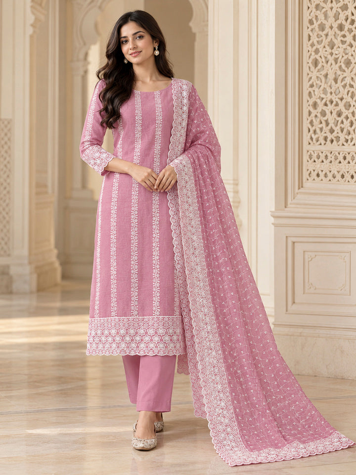 Onion Pink Chanderi Embroidered Unstitched Dress Material