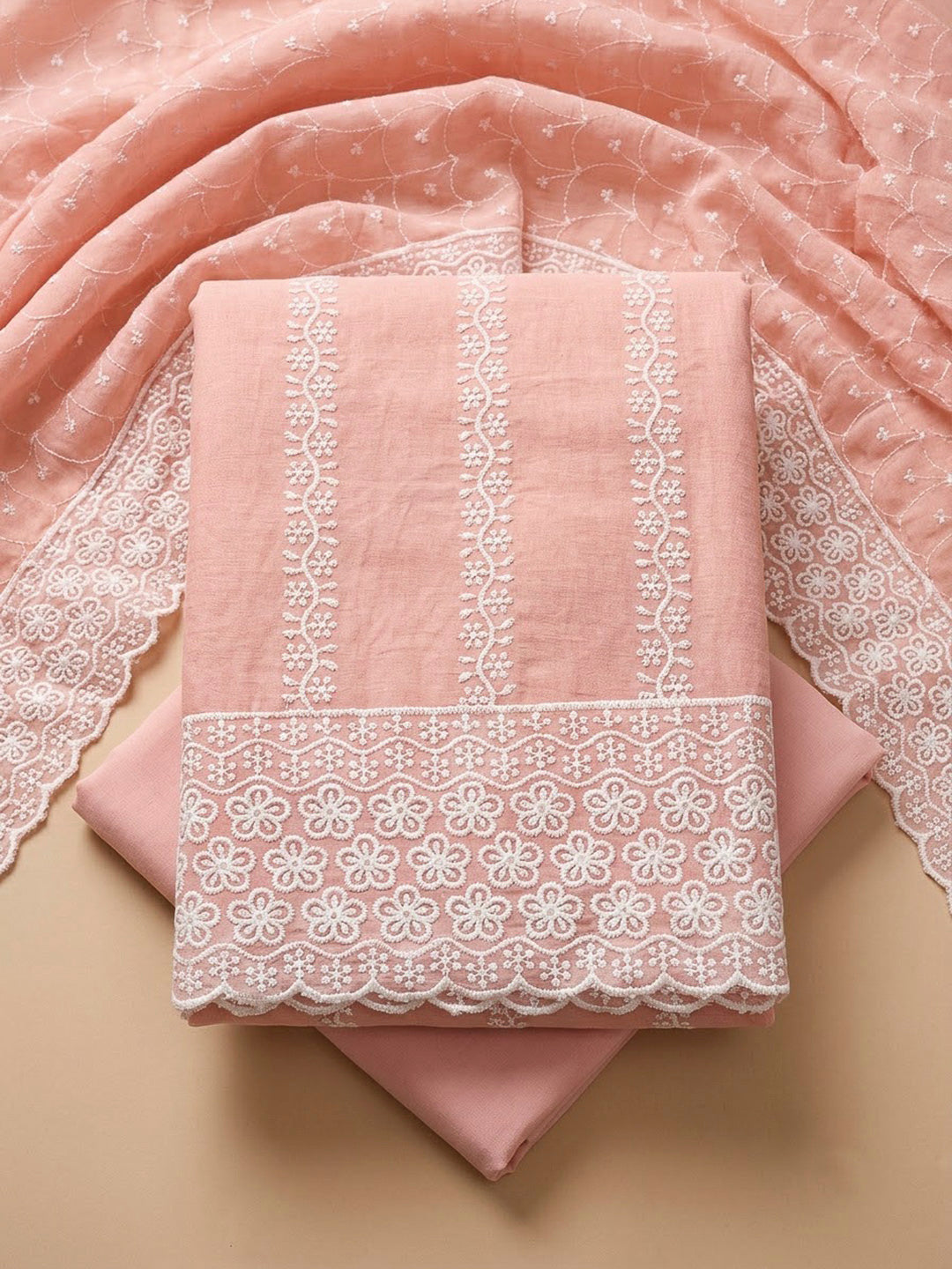 Peach Chanderi Embroidered Unstitched Dress Material