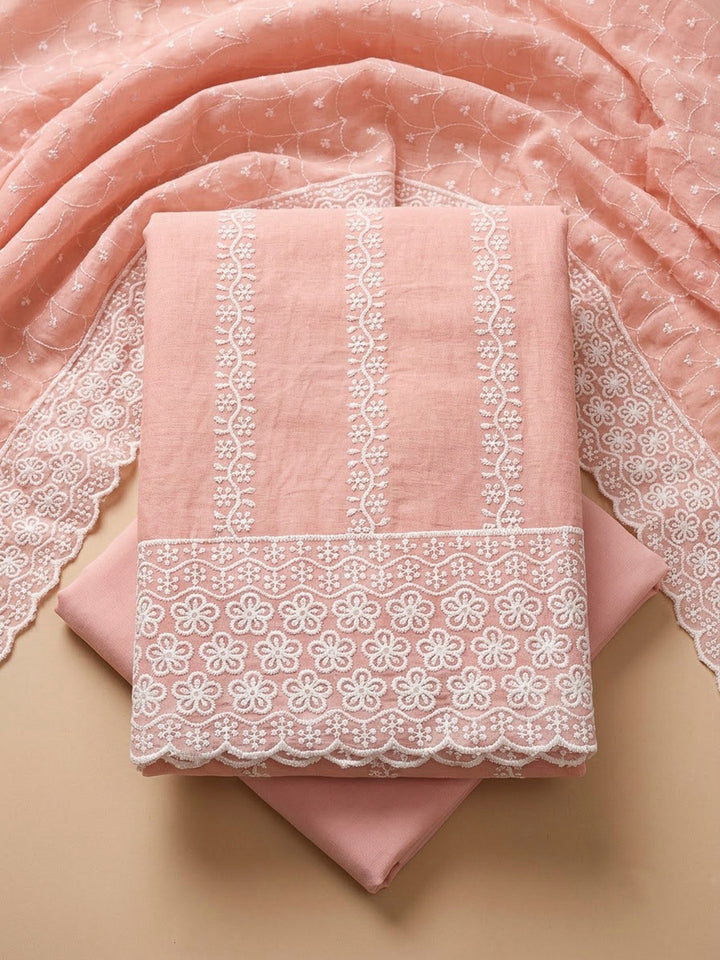 Peach Chanderi Embroidered Unstitched Dress Material