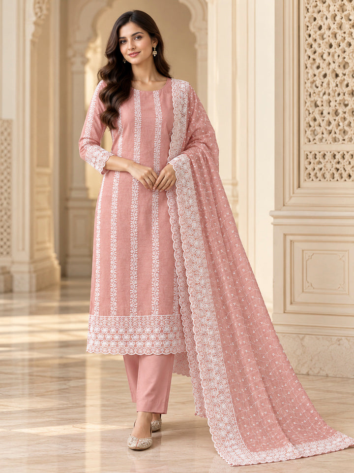Peach Chanderi Embroidered Unstitched Dress Material