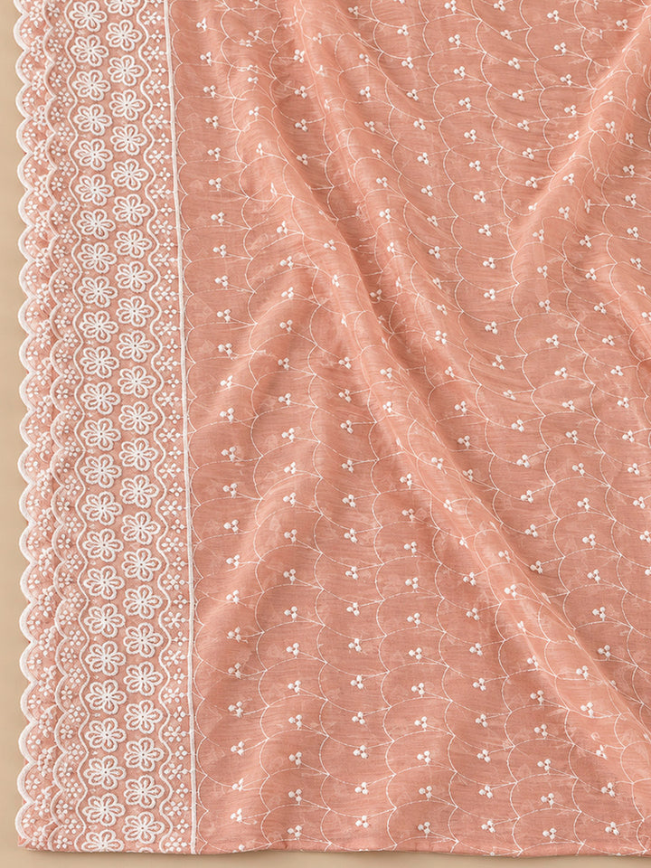 Peach Chanderi Embroidered Unstitched Dress Material