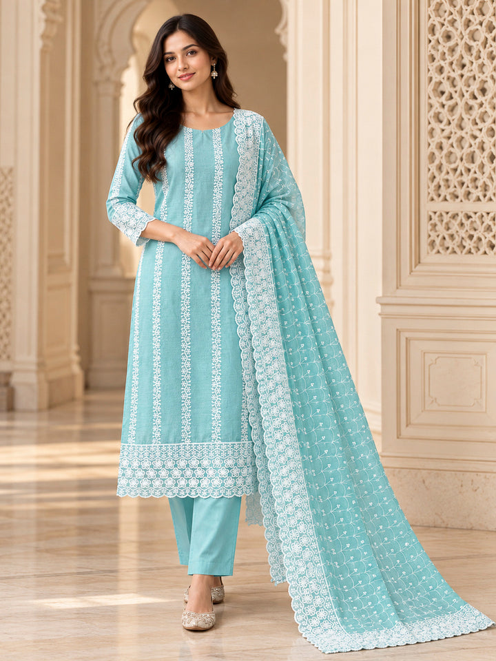 Rama Green Chanderi Embroidered Unstitched Dress Material