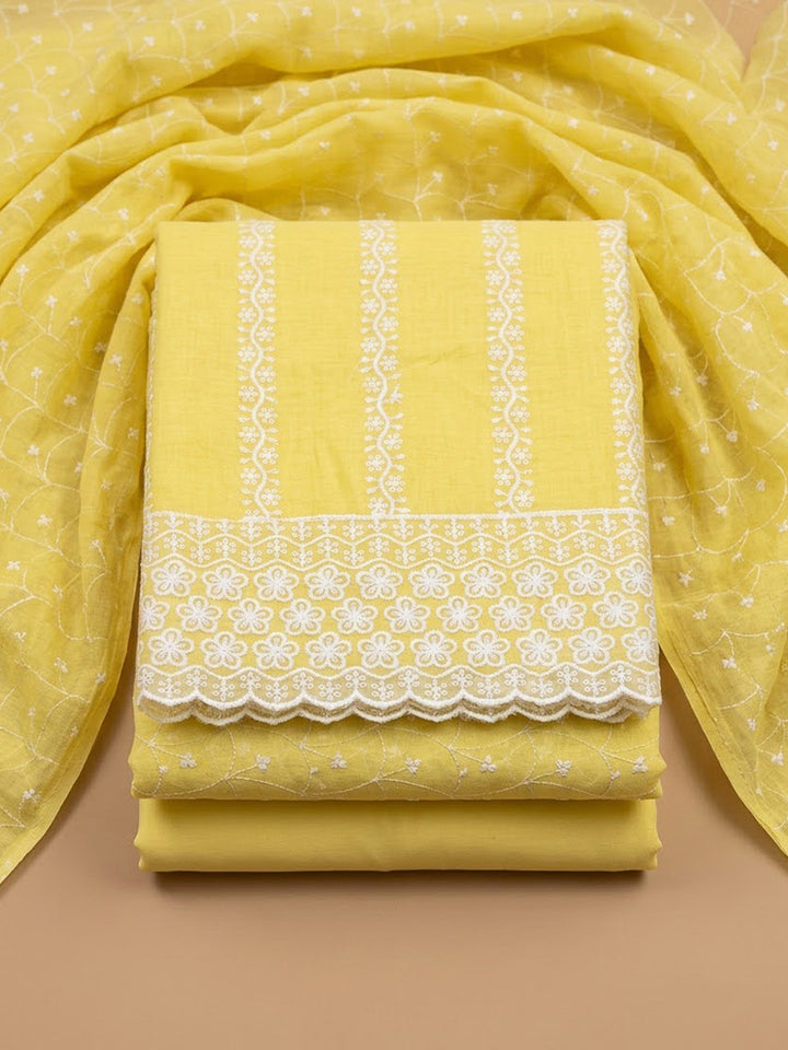 Yellow Chanderi Embroidered Unstitched Dress Material