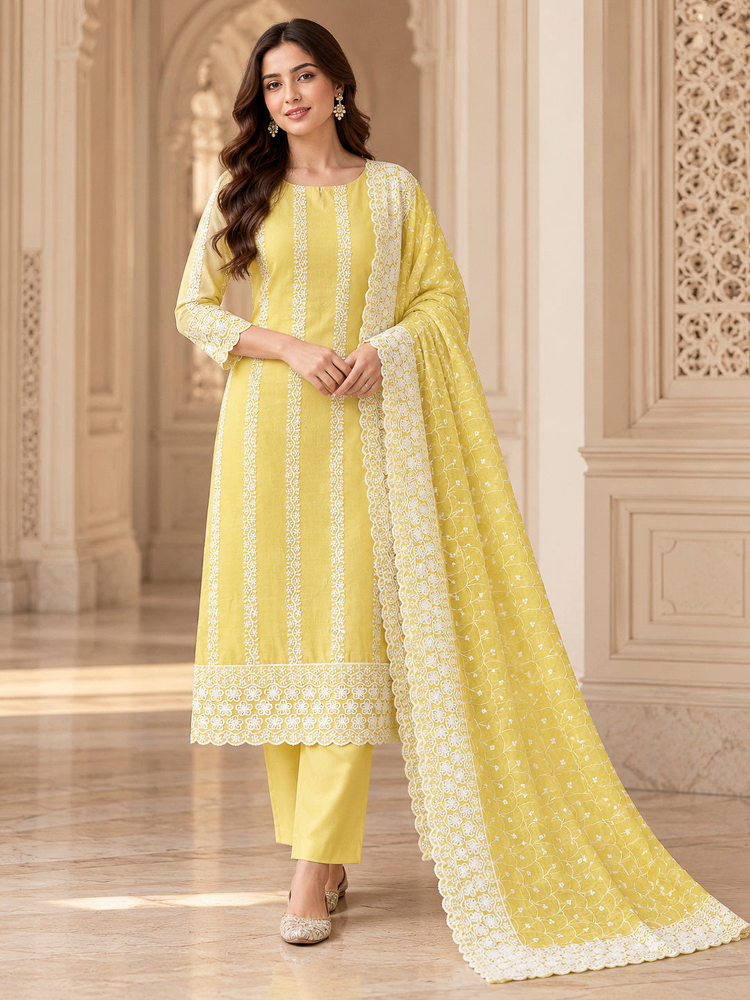 Yellow Chanderi Embroidered Unstitched Dress Material