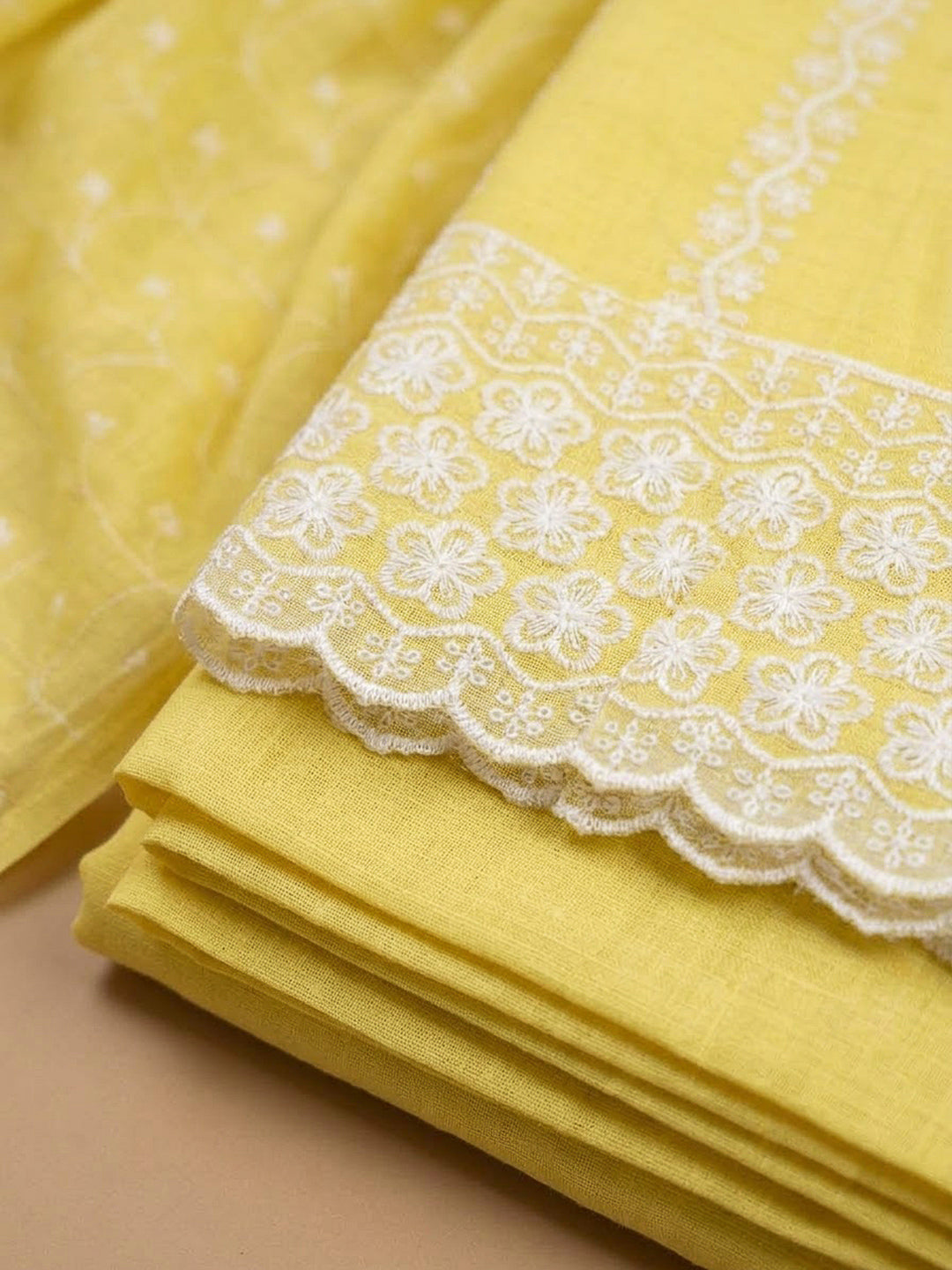 Yellow Chanderi Embroidered Unstitched Dress Material