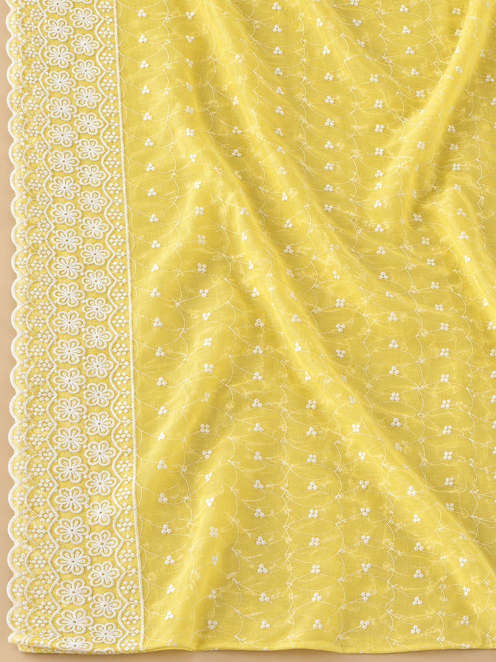 Yellow Chanderi Embroidered Unstitched Dress Material