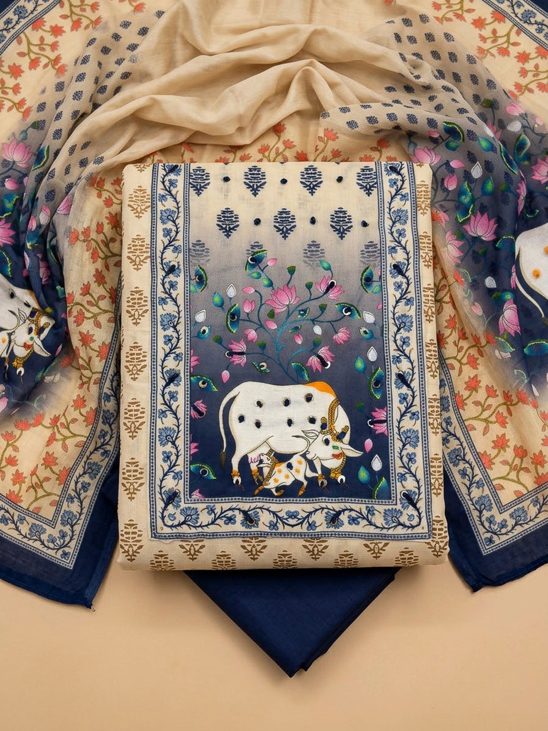 Beige Chanderi Embroidered Unstitched Dress Material