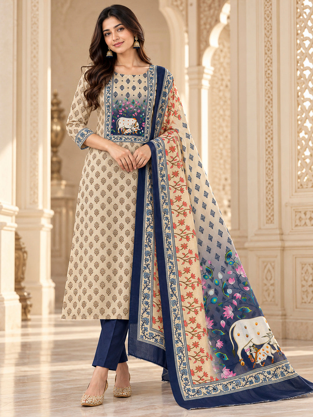 Beige Chanderi Embroidered Unstitched Dress Material