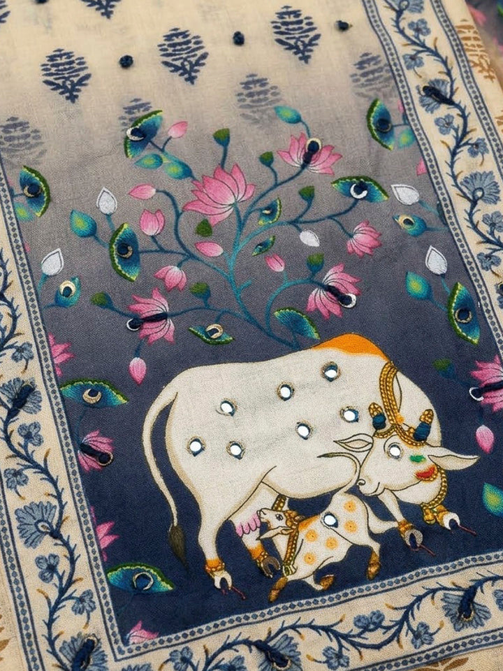 Beige Chanderi Embroidered Unstitched Dress Material