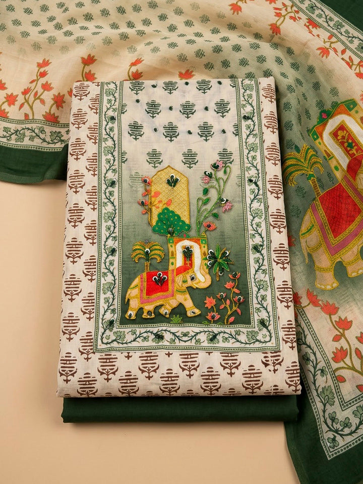 Beige Chanderi Embroidered Unstitched Dress Material
