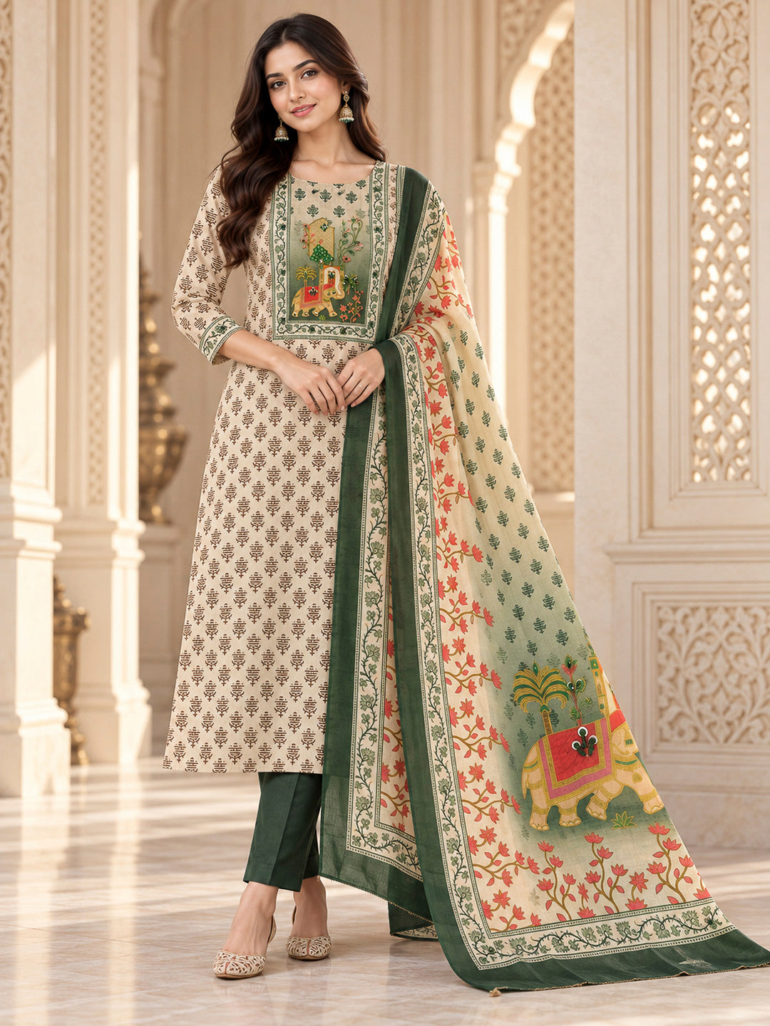 Beige Chanderi Embroidered Unstitched Dress Material