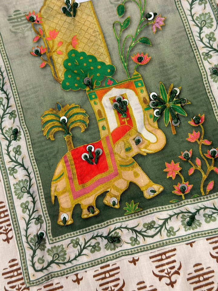 Beige Chanderi Embroidered Unstitched Dress Material