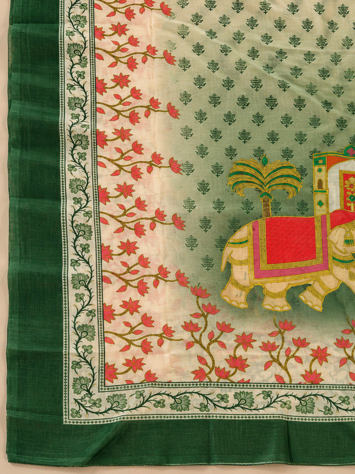 Beige Chanderi Embroidered Unstitched Dress Material