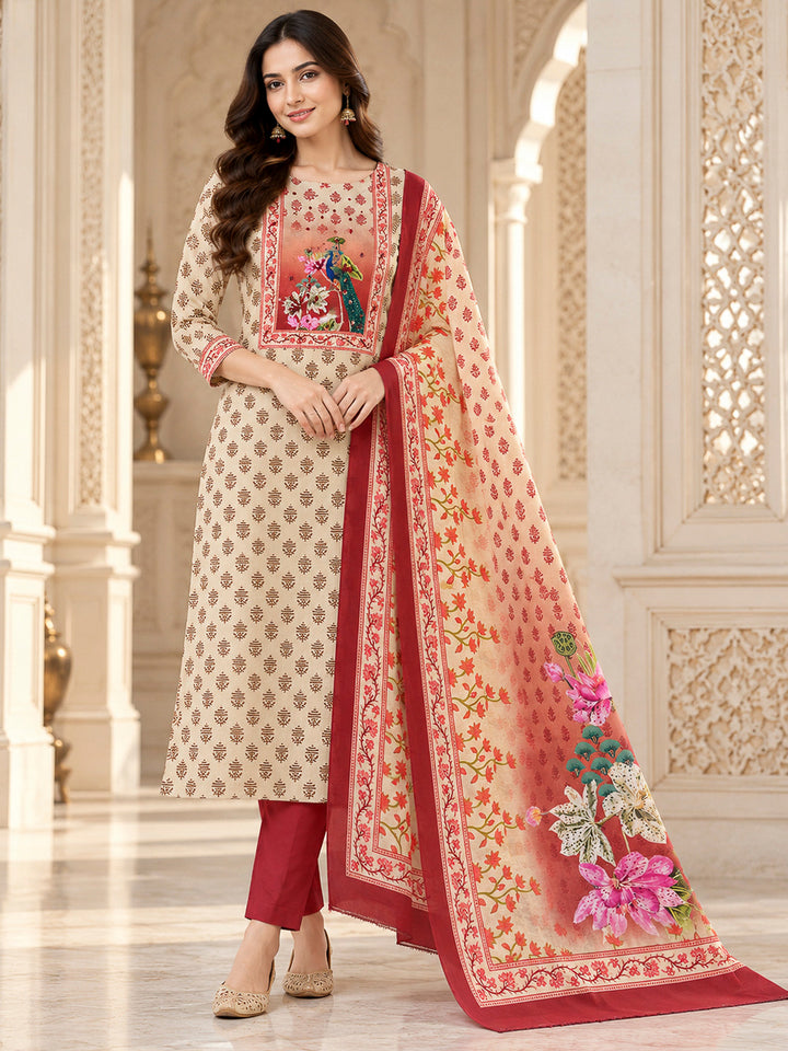Beige Chanderi Embroidered Unstitched Dress Material