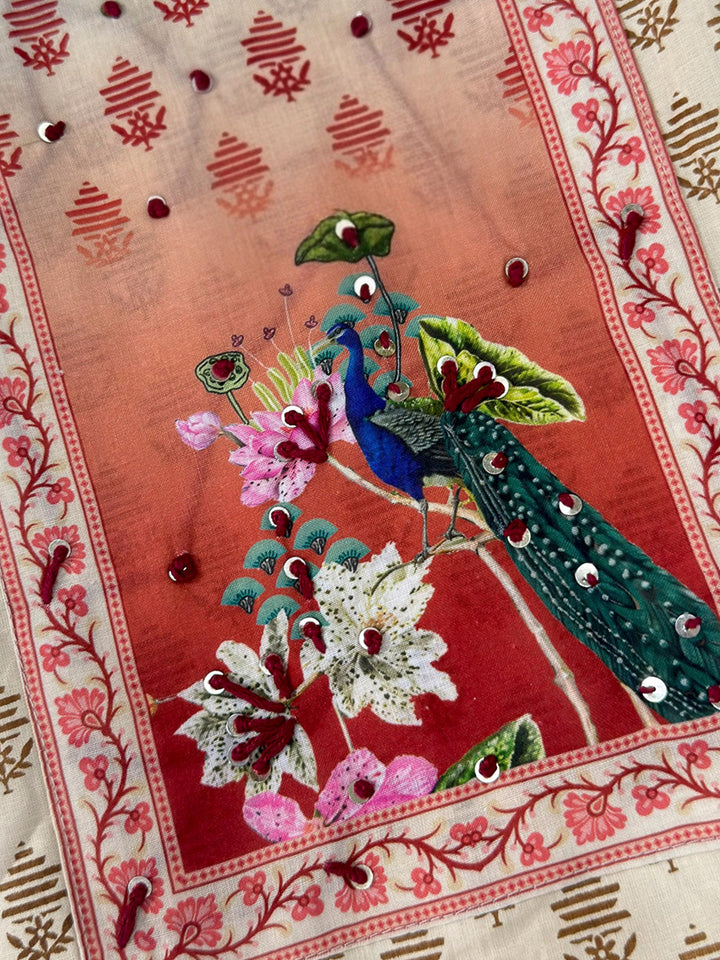 Beige Chanderi Embroidered Unstitched Dress Material
