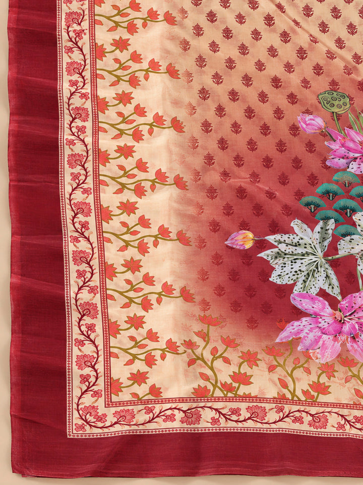 Beige Chanderi Embroidered Unstitched Dress Material