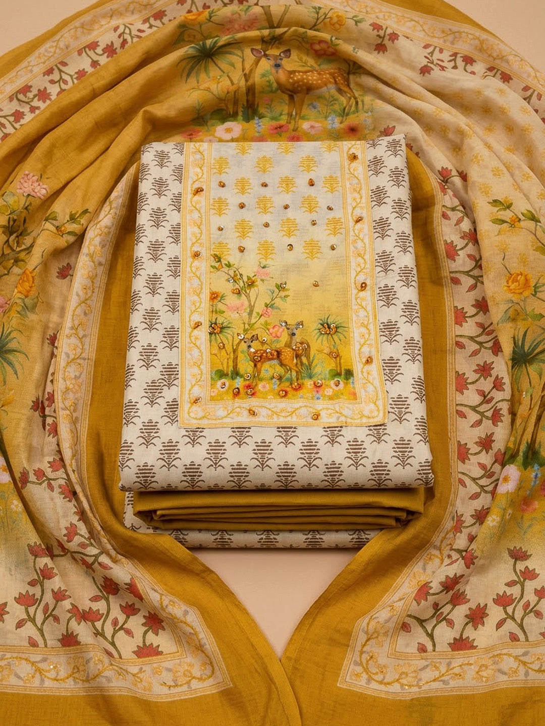 Mustard Chanderi Embroidered Unstitched Dress Material