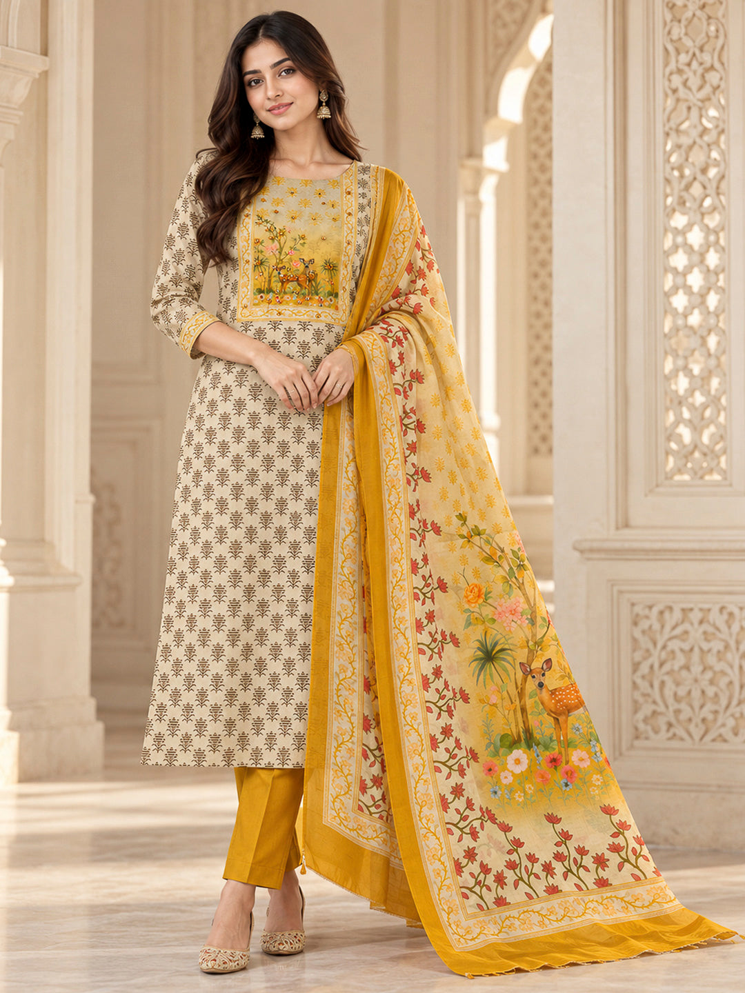 Mustard Chanderi Embroidered Unstitched Dress Material