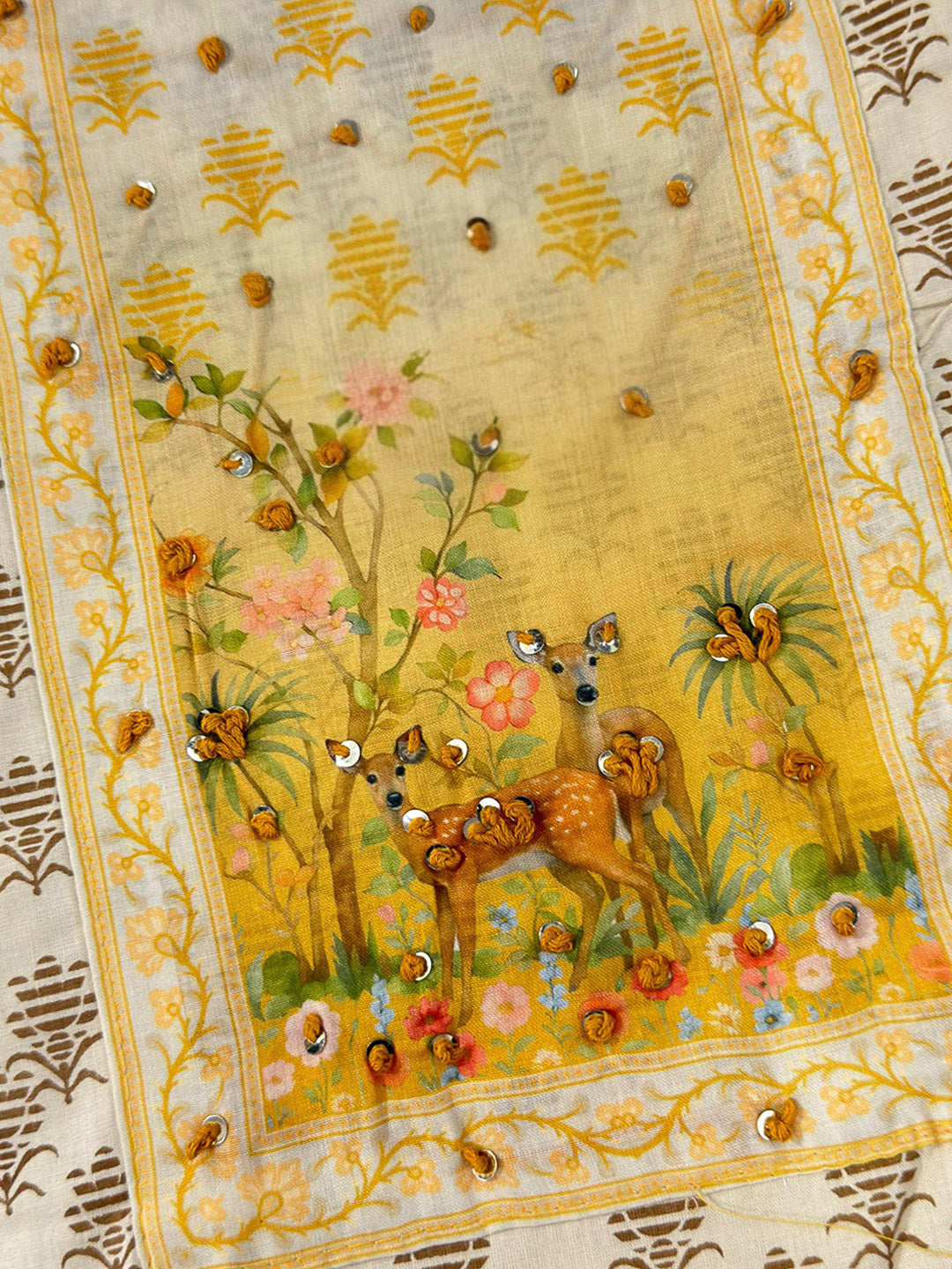 Mustard Chanderi Embroidered Unstitched Dress Material