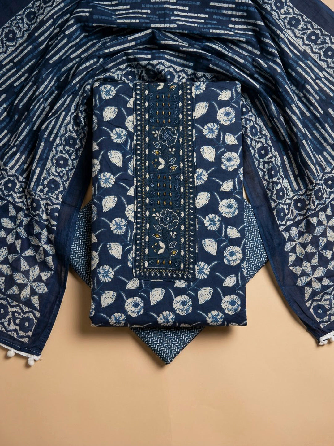 Blue Cotton Blend Embroidered Unstitched Dress Material