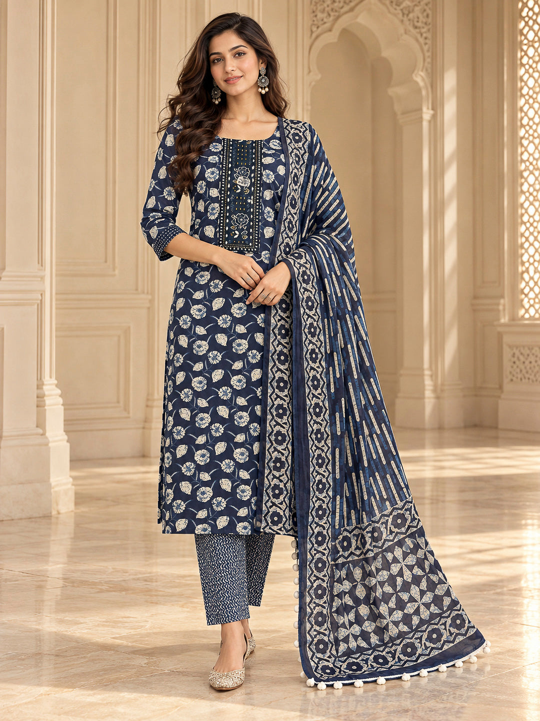 Blue Cotton Blend Embroidered Unstitched Dress Material