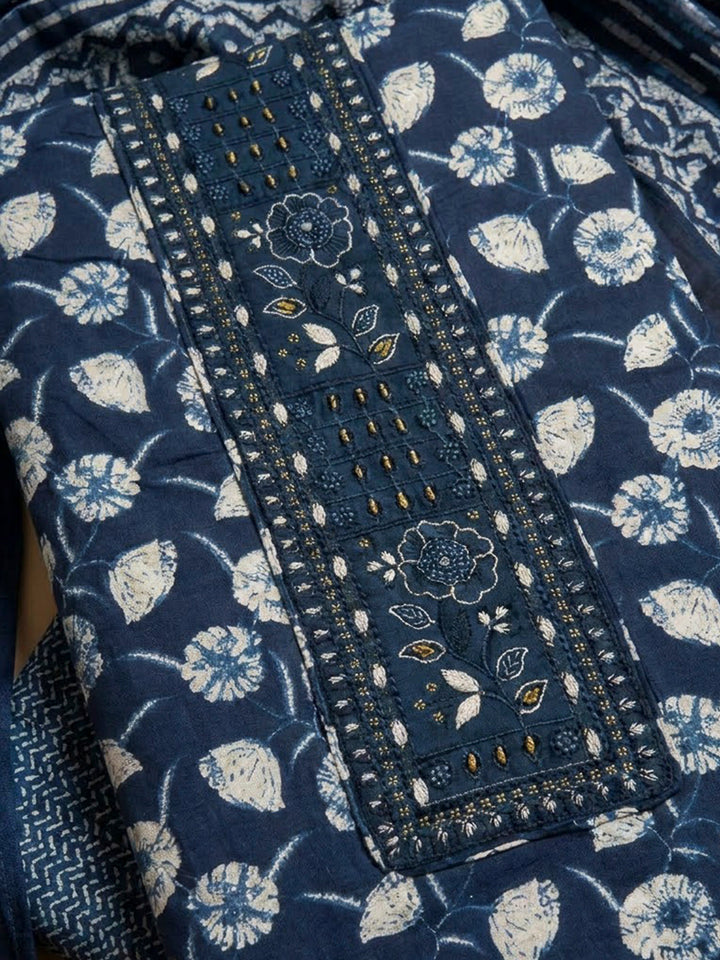 Blue Cotton Blend Embroidered Unstitched Dress Material