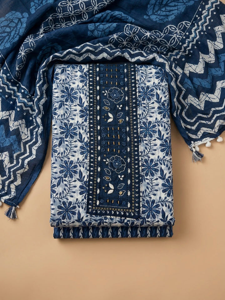 Blue Cotton Blend Embroidered Unstitched Dress Material