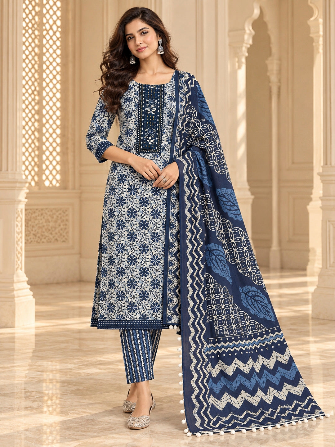 Blue Cotton Blend Embroidered Unstitched Dress Material