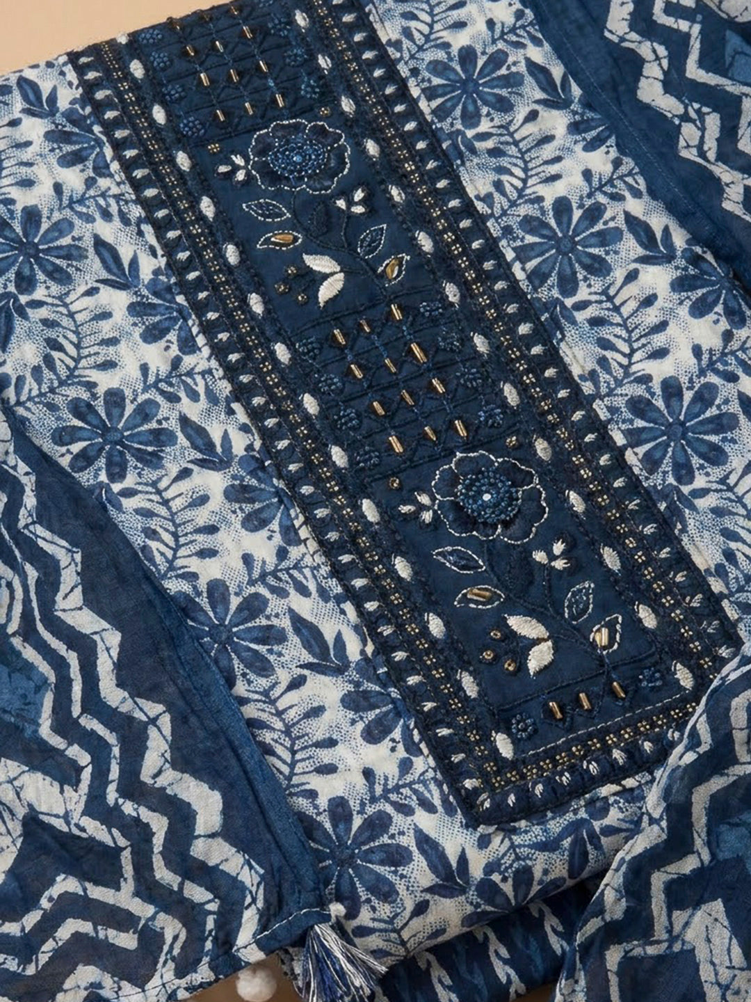 Blue Cotton Blend Embroidered Unstitched Dress Material