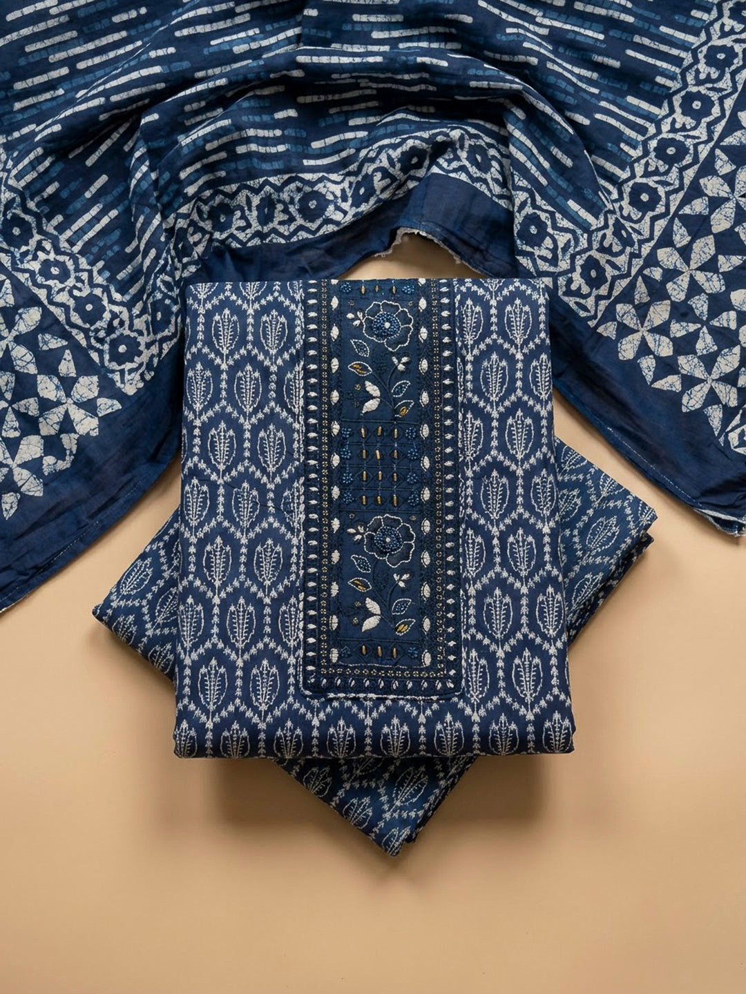 Blue Cotton Blend Embroidered Unstitched Dress Material