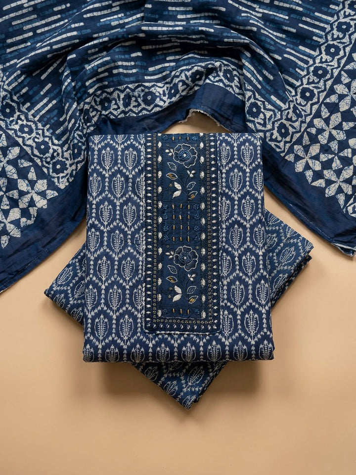 Blue Cotton Blend Embroidered Unstitched Dress Material