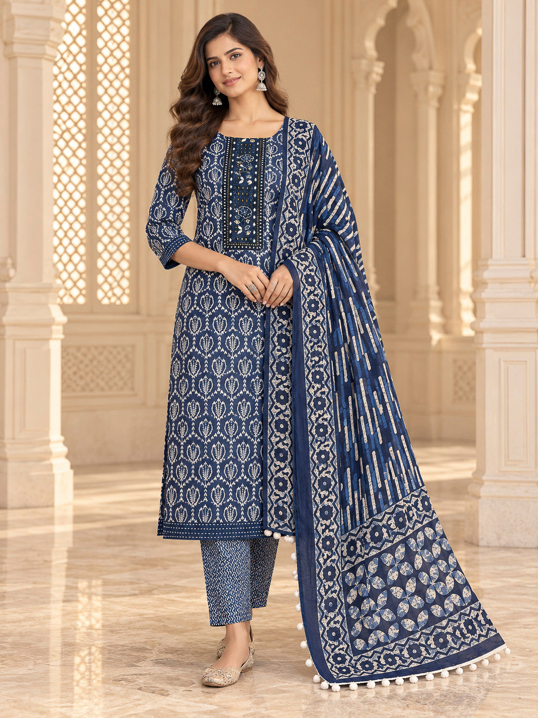 Blue Cotton Blend Embroidered Unstitched Dress Material