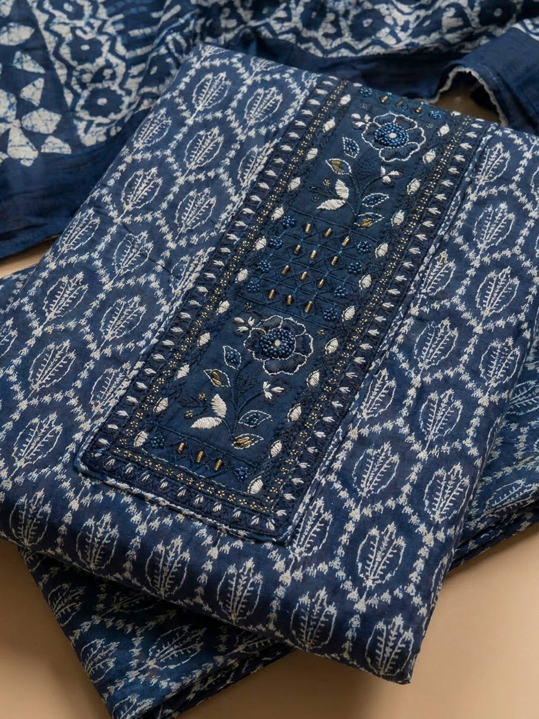 Blue Cotton Blend Embroidered Unstitched Dress Material