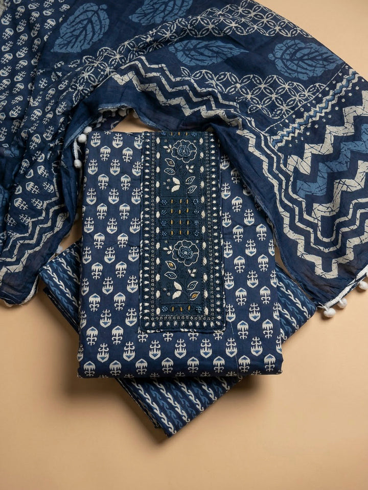 Blue Cotton Blend Embroidered Unstitched Dress Material