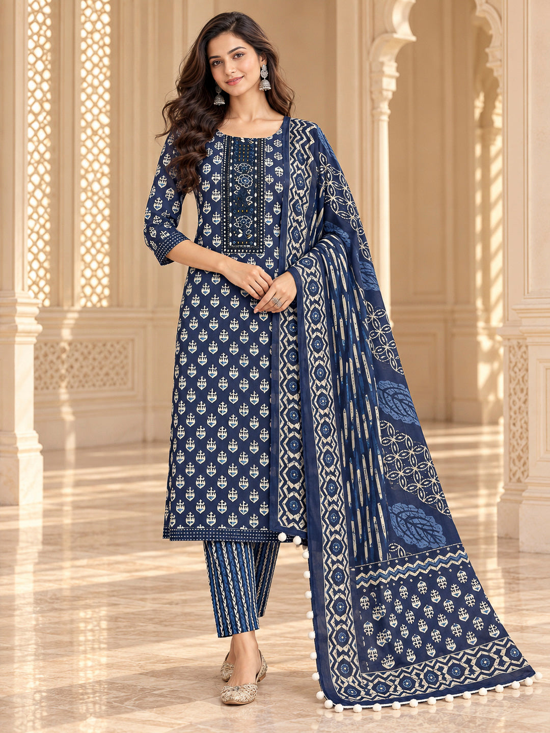 Blue Cotton Blend Embroidered Unstitched Dress Material