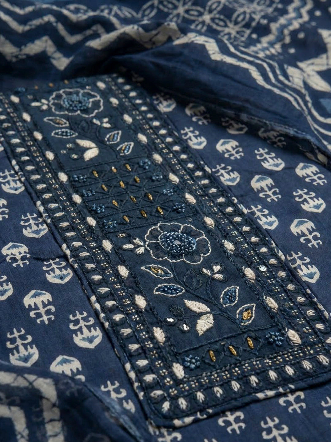 Blue Cotton Blend Embroidered Unstitched Dress Material