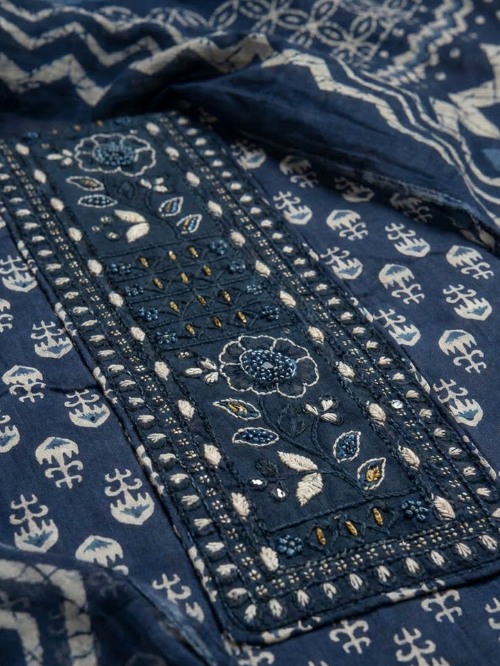 Blue Cotton Blend Embroidered Unstitched Dress Material